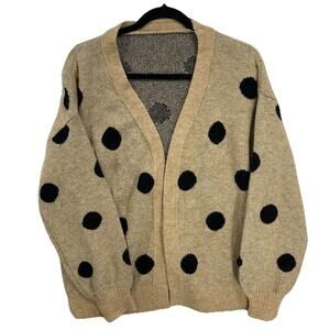 Moment Cardigan Sweater Womens L Tan Black Polka‎ Dot Open Front Knit Relaxed